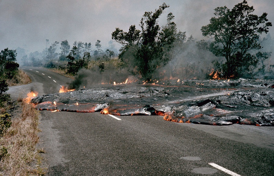 Pahoehoe Lava Flowing Across Road