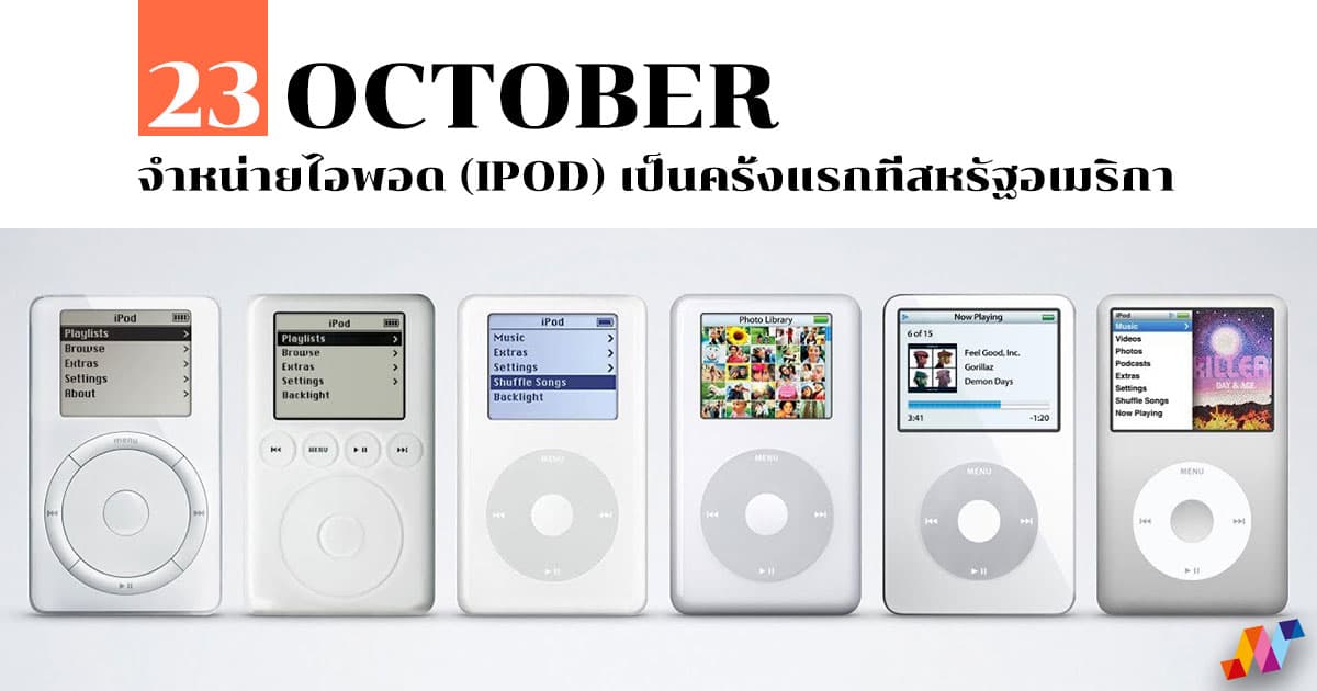 23 ตุลาคม จำหน่ายไอพอด (iPod) เป็นครั้งแรกที่สหรัฐอเมริกา #1 23 ตุลาคม จำหน่ายไอพอด (iPod) เป็นครั้งแรกที่สหรัฐอเมริกา