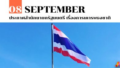 8 กันยายน ประกาศสำนักนายกรัฐมนตรี เรื่องการเคารพธงชาติ