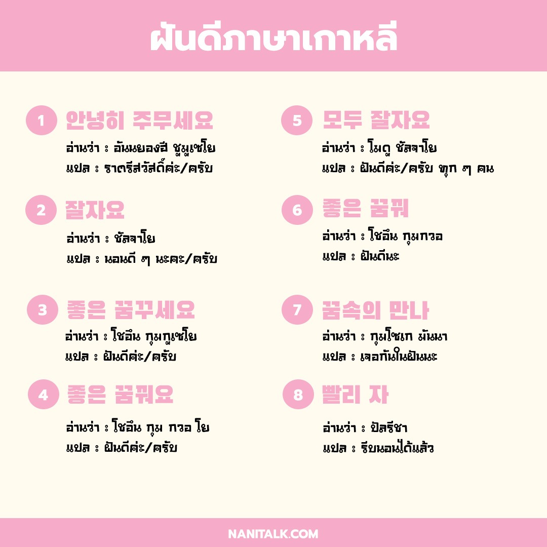 ฝันดีภาษาเกาหลี พร้อมคำแปลและคำอ่าน