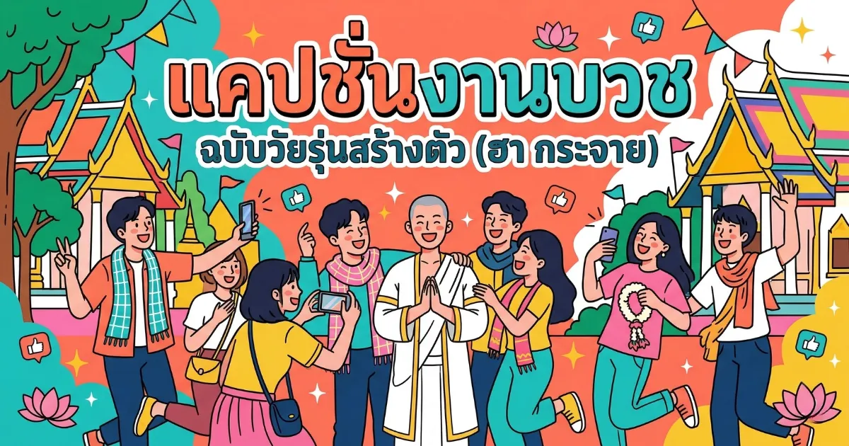 100 แคปชั่นงานบวชพระ %thyear% / %currentyear% กวน ๆ ฮา ๆ ซึ้ง ๆ