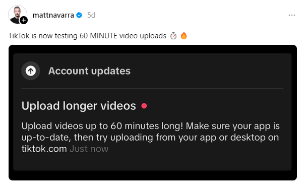 mattnavarra โพสต์ TikTok ทดสอบวิดีโอ 60 นาที: เปิดโลกใหม่คอนเทนต์ยาว