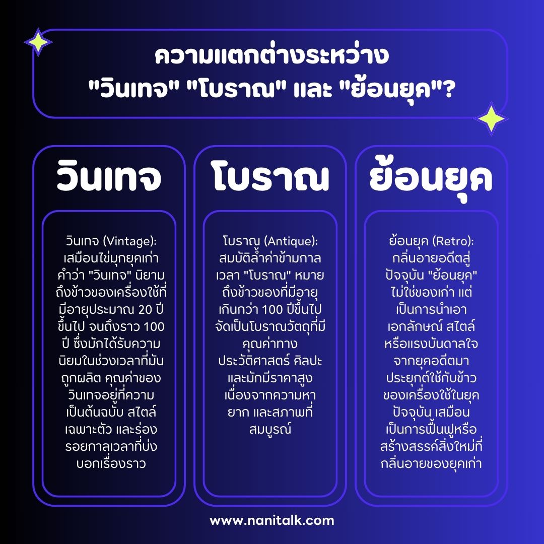 ความแตกต่างระหว่าง "วินเทจ" "โบราณ" และ "ย้อนยุค"?