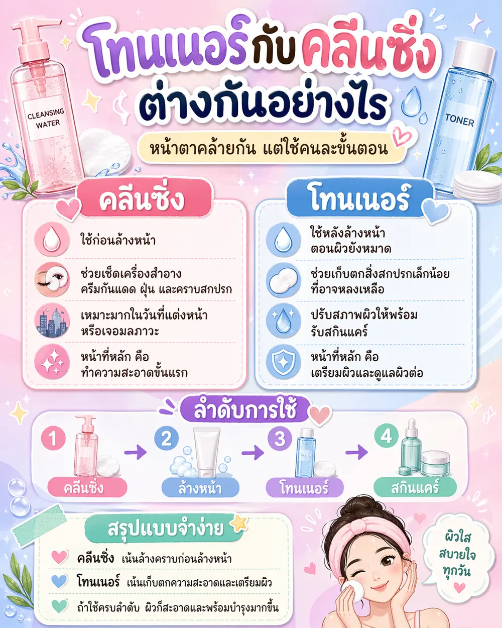 โทนเนอร์กับคลีนซิ่งต่างกันอย่างไร