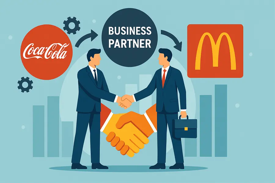 ภาพอินโฟกราฟิกสไตล์โมเดิร์นแสดงถึงความร่วมมือทางธุรกิจระหว่าง Coca-Cola และ McDonald’s โดยมีนักธุรกิจสองคนจับมือกันอยู่ตรงกลาง ล้อมรอบด้วยโลโก้ของทั้งสองบริษัท เกียร์ และกราฟแท่งที่สื่อถึงความเติบโตทางธุรกิจ บนพื้นหลังสีฟ้าอ่อน