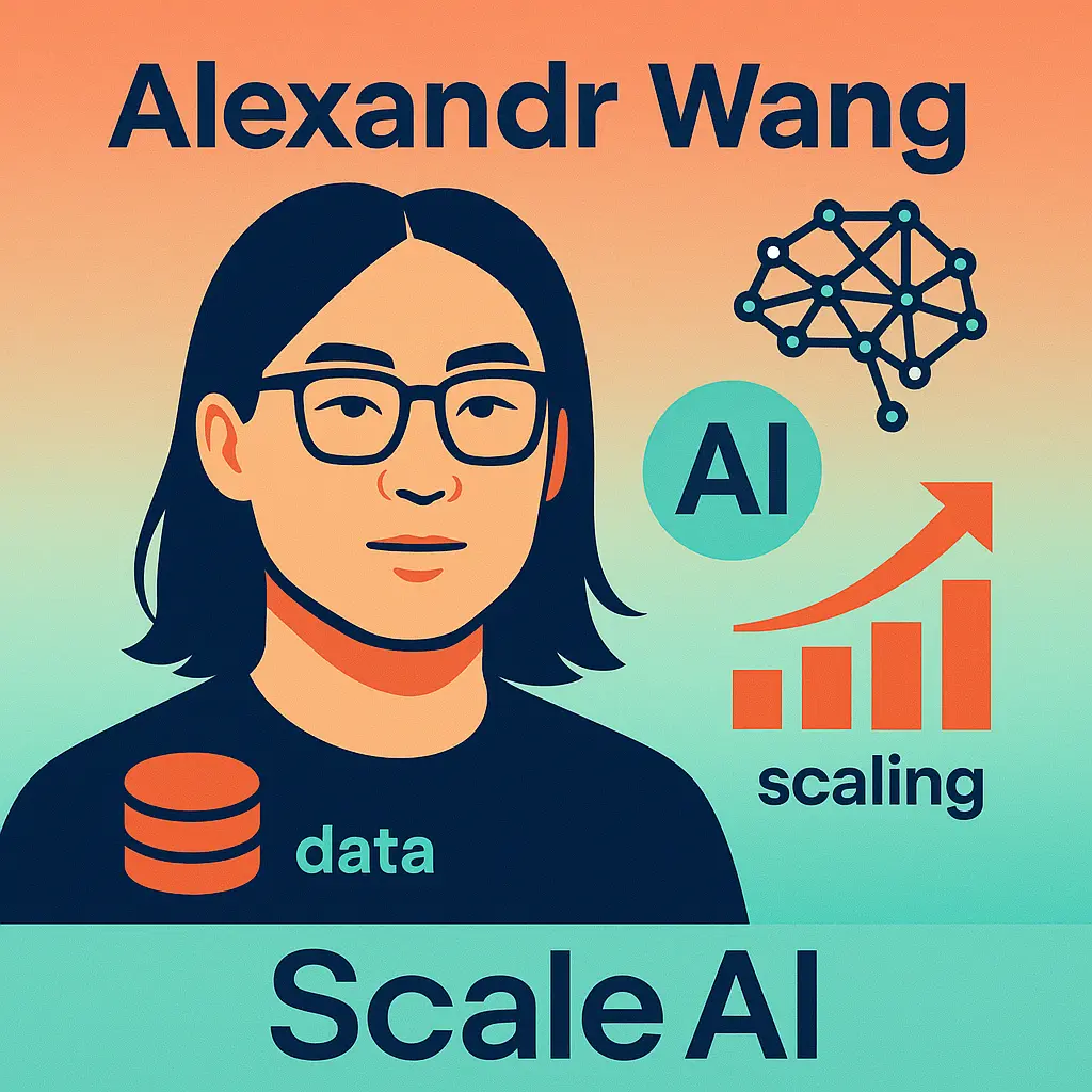 Alexandr Wang ผู้ก่อตั้ง Scale AI อยู่ตรงกลาง ล้อมรอบด้วยไอคอนสื่อถึงปัญญาประดิษฐ์ (AI) ฐานข้อมูล และกราฟลูกศรขึ้นแสดงการขยายระบบ ใช้เส้นและรูปทรงเรขาคณิตพร้อมพื้นหลังกราเดียนสีส้มถึงฟ้า ให้ความรู้สึกล้ำสมัยและชัดเจน