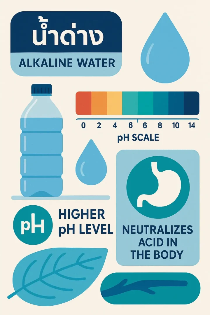 อินโฟกราฟิกแสดงภาพน้ำด่างในสไตล์โมเดิร์น ประกอบด้วยข้อความ "น้ำด่าง Alkaline Water" พร้อมภาพขวดน้ำ หยดน้ำ ใบไม้ สีโทนฟ้า-เขียว และแถบวัดค่า pH โดยชี้ให้เห็นถึงค่าความเป็นด่างที่สูงกว่า พร้อมสัญลักษณ์กระเพาะอาหารเพื่อแสดงถึงคุณสมบัติในการลดกรดในร่างกาย
