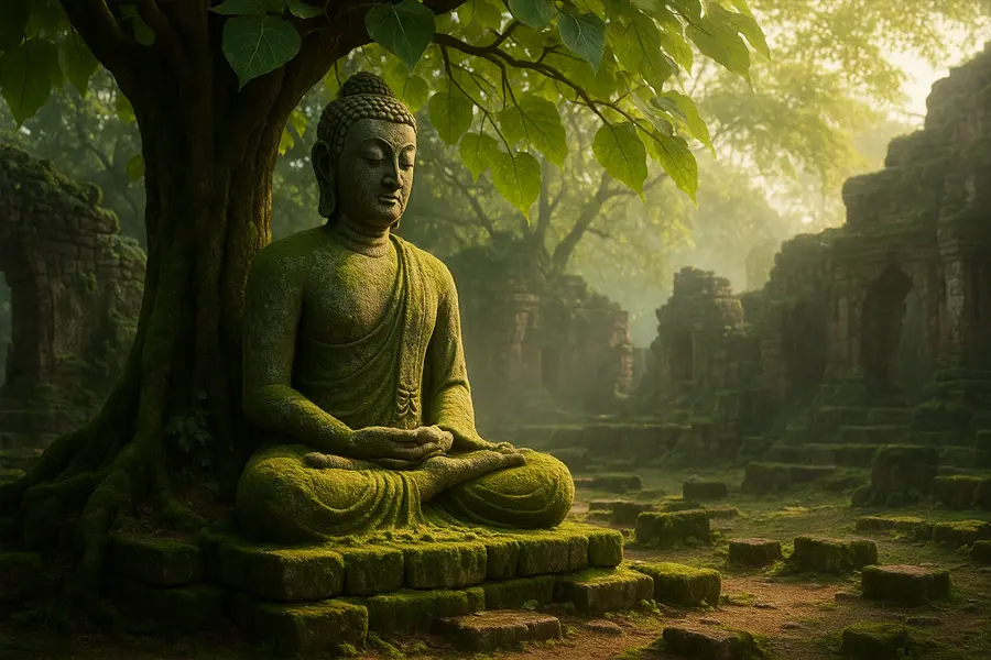 รูปปั้นพระพุทธรูปหินโบราณปกคลุมด้วยมอส นั่งสมาธิอย่างสงบใต้ต้นโพธิ์ภายในซากปรักหักพังของวัดเก่า ท่ามกลางแสงอ่อนของยามเช้า บรรยากาศเงียบสงบและเปี่ยมไปด้วยความศักดิ์สิทธิ์