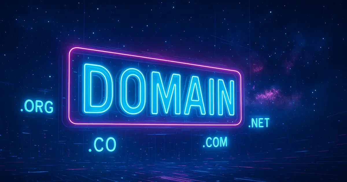 ไซเบอร์พังค์ แสดงป้ายไฟนีออนคำว่า “DOMAIN” ลอยอยู่กลางท้องฟ้าดิจิทัลที่เต็มไปด้วยดวงดาว รายล้อมด้วยนามสกุลโดเมนอย่าง .org, .net, .co, .com ที่เรืองแสง โทนสีหลักเป็นสีน้ำเงินและชมพูสว่าง ให้ความรู้สึกล้ำยุคและมีความเคลื่อนไหวของโลกดิจิทัล