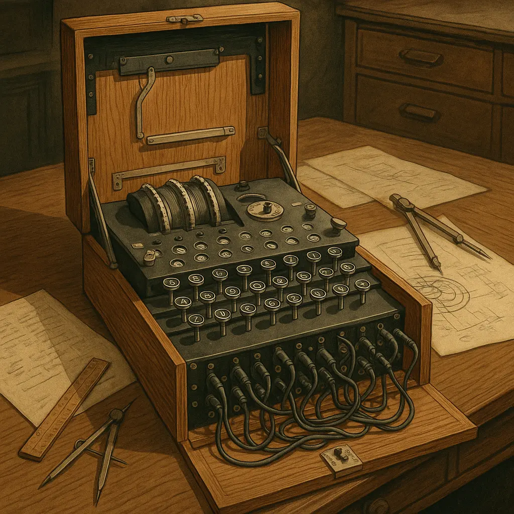 เครื่องเข้ารหัสเอนิกมา (Enigma) รุ่นดั้งเดิมตั้งอยู่บนโต๊ะไม้โบราณในสำนักงานยุค 1920 รายล้อมด้วยกระดาษเขียนแบบและเครื่องมือวิศวกรรม มีแสงนวลส่องให้เห็นรายละเอียดภายใน เช่น ปุ่มพิมพ์ จานโรเตอร์ และสายไฟที่ซับซ้อนอย่างชัดเจน สร้างบรรยากาศลึกลับและประวัติศาสตร์