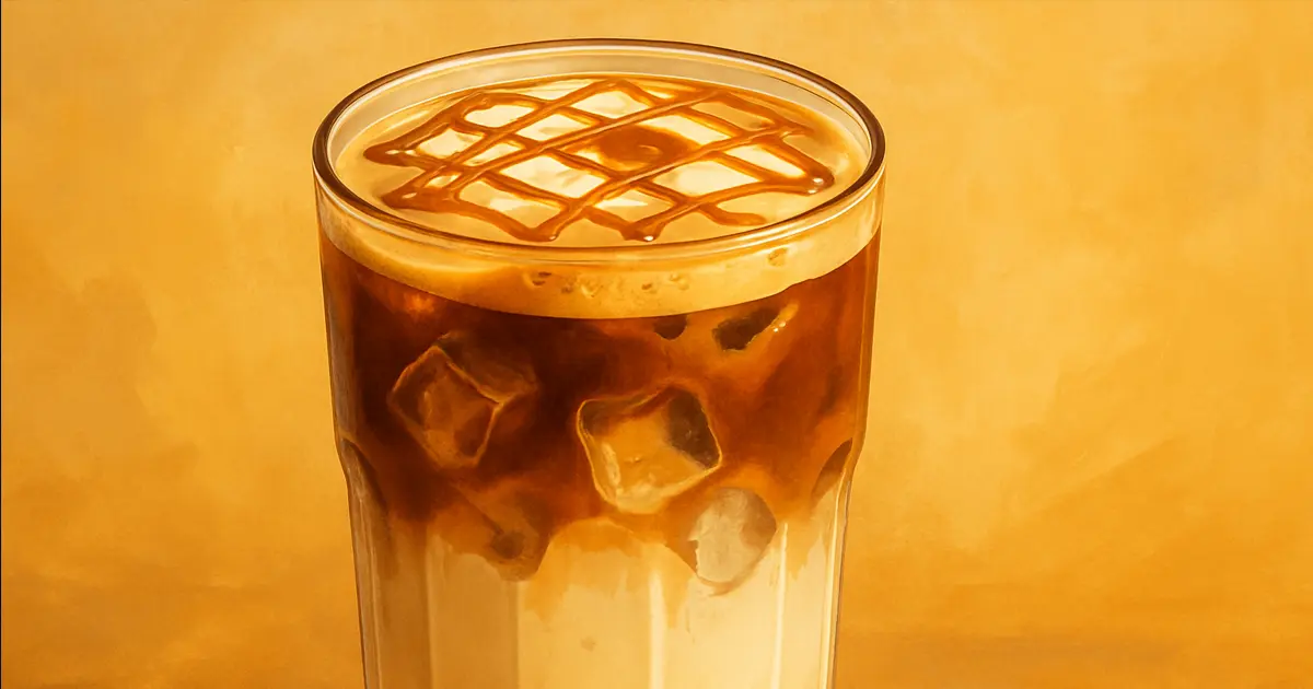 กาแฟเย็นคาราเมลไทยมัคคิอาโต้ในแก้วใสทรงสูง แบ่งชั้นชัดเจนระหว่างนมสดด้านล่างกับเอสเปรสโซ่ด้านบน มีครีมาคลุมหน้าและราดซอสคาราเมล ด้านในเห็นน้ำแข็งใส เคล้าด้วยโทนสีทองอบอุ่น