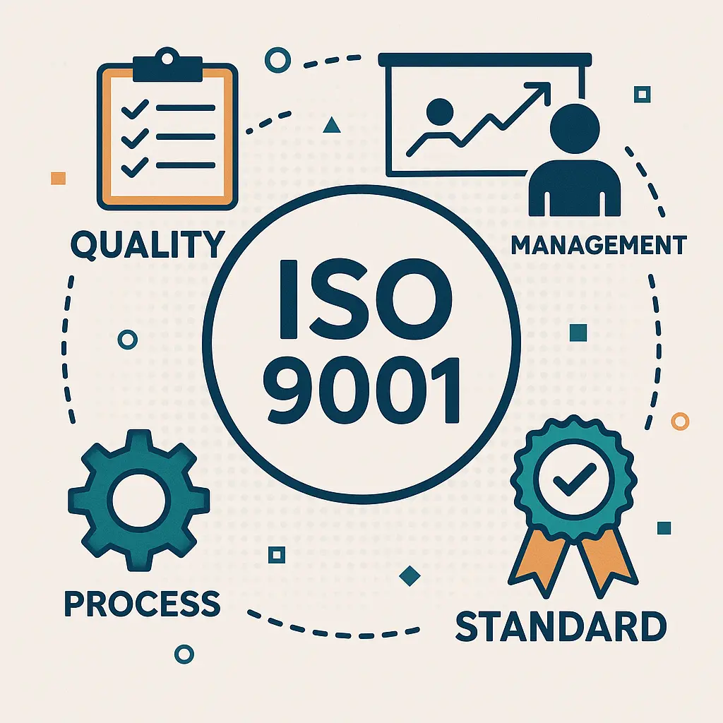 อินโฟกราฟิกแบบสมัยใหม่แสดงแนวคิดของมาตรฐาน ISO 9001 โดยมีวงกลมสีขาวตรงกลางเขียนว่า “ISO 9001” ล้อมรอบด้วยไอคอนและคำหลัก 4 ส่วน ได้แก่ “QUALITY” (คุณภาพ) พร้อมภาพคลิปบอร์ด, “MANAGEMENT” (การจัดการ) พร้อมภาพบุคคลและกราฟ, “PROCESS” (กระบวนการ) แสดงฟันเฟือง, และ “STANDARD” (มาตรฐาน) พร้อมเหรียญรางวัล มีเส้นประเชื่อมแต่ละส่วนเข้าหากัน บนพื้นหลังสีเทาอ่อนลวดลายจุดเล็กๆ