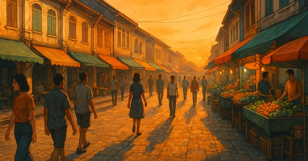 ถนนในเมืองบ้านเกิดยามเย็นที่อบอุ่น มีตึกแถวสไตล์เก่าเรียงราย ร้านขายของตลาดที่มีสีสันสดใส คนเดินผ่านไปมาท่ามกลางแสงอาทิตย์ตกดิน พื้นถนนมีลวดลาย และบรรยากาศลึกมีมิติ
