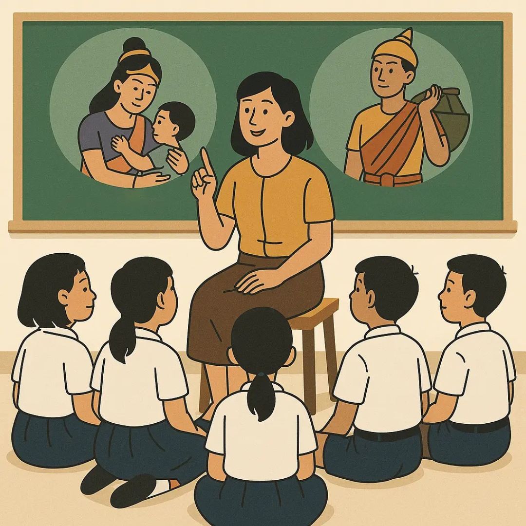 ห้องเรียนไทยที่ครูหญิงกำลังเล่าเรื่องคุณธรรมให้นักเรียนฟังอย่างตั้งใจ ด้านหลังมีภาพประกอบของบุคคลในตำนานแสดงถึงความเมตตาและความรับผิดชอบ บรรยากาศอบอุ่นและน่าสนใจ แสดงถึงพลังของการเล่าเรื่องในการสอนจริยธรรม