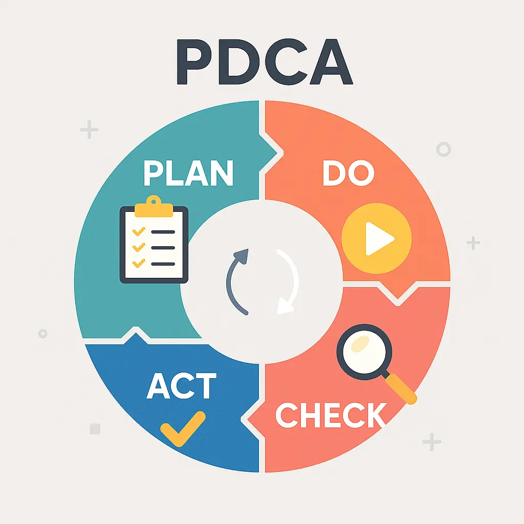 อินโฟกราฟิกแบบเวกเตอร์แสดงวงจร PDCA (Plan-Do-Check-Act) ในรูปแบบวงกลม 4 ส่วน สีแยกต่างกัน พร้อมไอคอนแทนแต่ละขั้นตอน เช่น แผ่นจดบันทึก ลูกศรเล่น แว่นขยาย และเครื่องหมายถูก