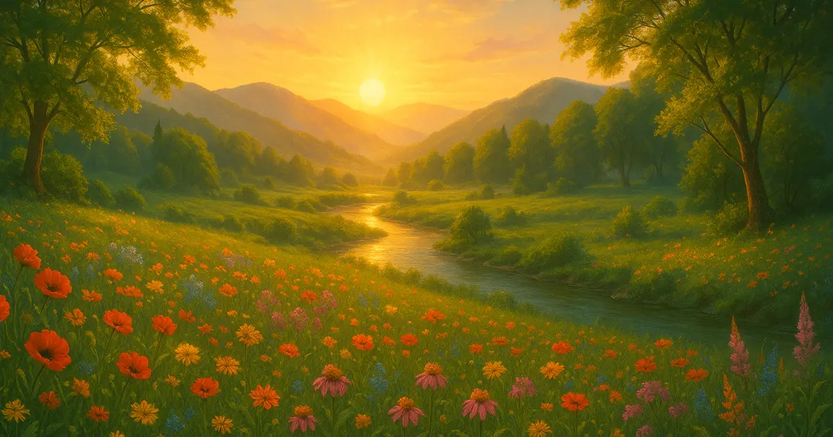 ภาพวาดทิวทัศน์หุบเขาเขียวขจีในยามเช้า มีดอกไม้ป่าสีสันสดใสบานสะพรั่ง แม่น้ำสายเล็กไหลเอื่อยท่ามกลางแสงแดดยามเช้าที่อบอุ่น สร้างบรรยากาศสงบและสดชื่น