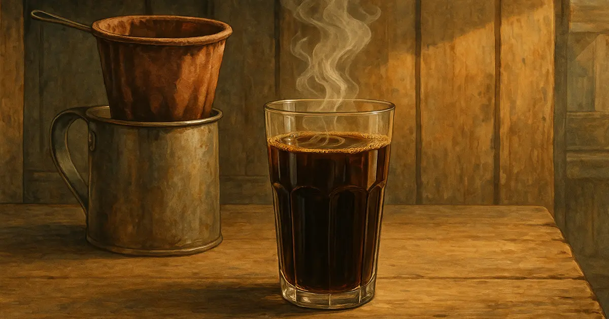 กาแฟโอยั๊วะแบบไทยโบราณในแก้วสูง แสดงให้เห็นชั้นของกาแฟสีดำเข้มด้านบนและนมข้นหวานสีขาวที่ตกตะกอนด้านล่าง ถัดไปเป็นถุงกรองกาแฟผ้าแบบดั้งเดิมตั้งอยู่บนหม้อโลหะ