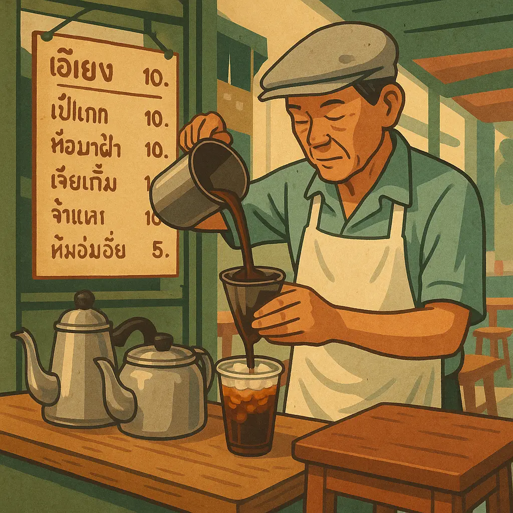 ร้านกาแฟโบราณริมถนนในกรุงเทพฯ มีลุงเจ้าของร้านกำลังชงโอเลี้ยงใส่น้ำแข็งในแก้วพลาสติก บรรยากาศย้อนยุค มีกาน้ำอลูมิเนียม โต๊ะไม้ และป้ายเมนู