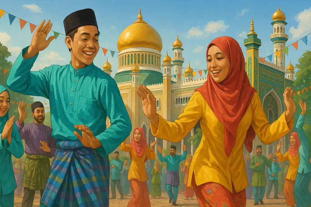 เทศกาลมลายูแบบดั้งเดิมในบรูไน มีผู้คนสวมชุดบาจูมลายูและฮิญาบสีสันสดใส กำลังเต้นรำอย่างรื่นเริงหน้ามัสยิดที่ตกแต่งอย่างงดงาม บรรยากาศคึกคัก เต็มไปด้วยความสุขและสีสันของวัฒนธรรม