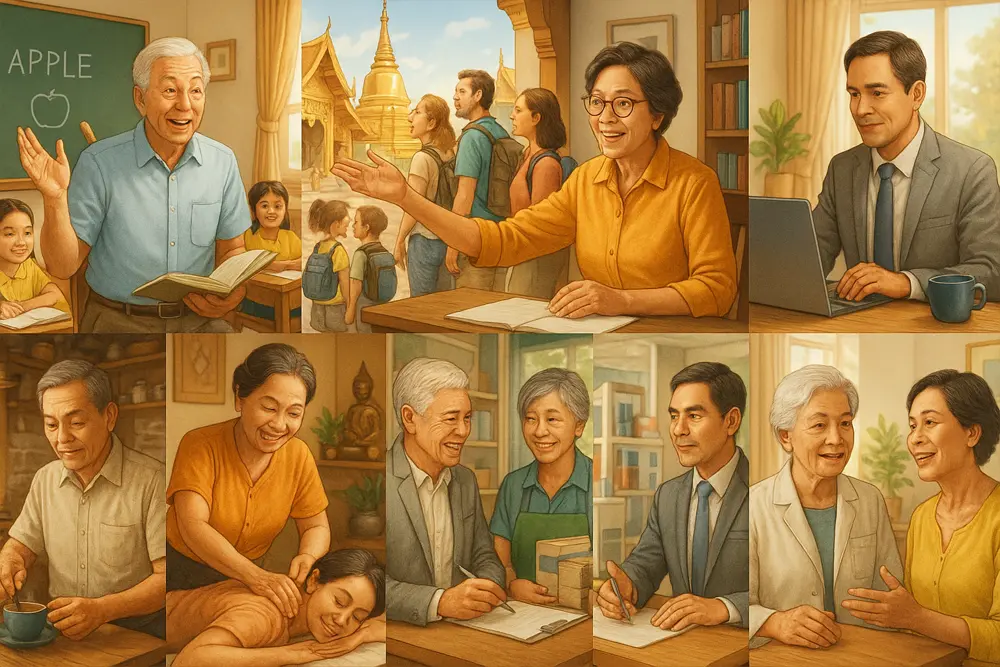กลุ่มผู้สูงอายุชาวไทยหลังเกษียณที่ยังทำงานหลากหลายประเภทอย่างมีความสุข เช่น สอนภาษาอังกฤษให้เด็กในห้องเรียน, นำเที่ยววัดให้ชาวต่างชาติ, เขียนบล็อกที่บ้าน, ทำงานในร้านกาแฟไทย, นวดแผนไทย, ขายอสังหาริมทรัพย์, ให้คำปรึกษาในออฟฟิศ, ทำงานพาร์ทไทม์ในร้านค้า, อาสาสมัครในหมู่บ้านชนบท และให้คำแนะนำด้านสุขภาพ บรรยากาศอบอุ่น เต็มไปด้วยองค์ประกอบวัฒนธรรมไทยและความเป็นมิตร