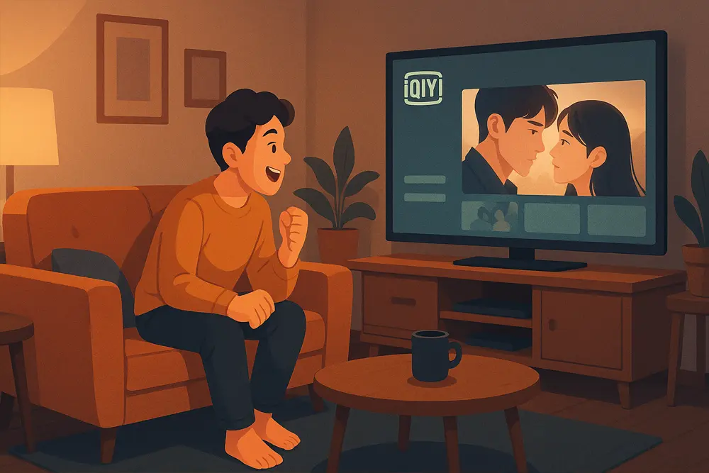 ห้องนั่งเล่นบรรยากาศอบอุ่น มีคนหนึ่งนั่งอยู่บนโซฟาด้วยท่าทางตื่นเต้น กำลังดูซีรีส์บนหน้าจอทีวีที่แสดงแอป iQIYI มีแสงไฟนวลสบายตาและโทนสีอบอุ่นทั่วทั้งห้อง
