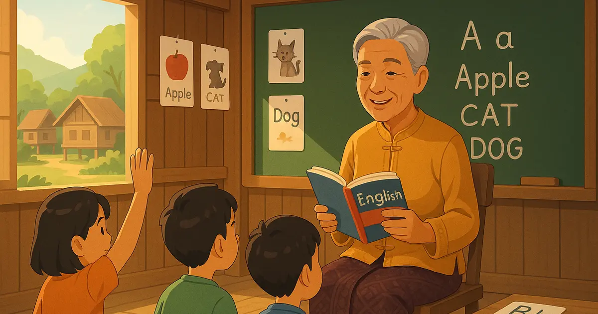 คุณยายชาวไทยวัยเกษียณในวัย 60 ปี ยิ้มแย้มอย่างอบอุ่น ขณะสอนภาษาอังกฤษให้เด็กสามคนในห้องเรียนเล็ก ๆ ของบ้านไม้ไทยในชนบท เธอสวมชุดไทยร่วมสมัย กำลังถือหนังสือภาษาอังกฤษอยู่ หน้าไม้กระดานมีแฟลชการ์ดคำศัพท์ภาษาอังกฤษ บรรยากาศอบอุ่นและมีแสงแดดอ่อน ๆ ส่องเข้ามาอย่างอ่อนโยน