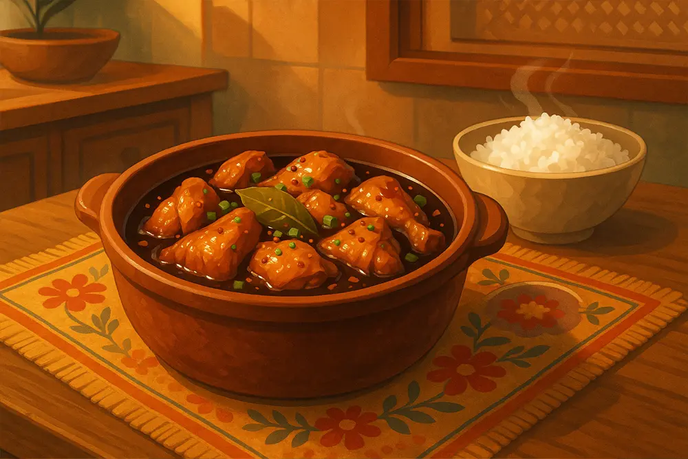 ไก่อะโดโบ้อาหารฟิลิปปินส์ในหม้อดินเผาสีน้ำตาลเข้มวางอยู่บนโต๊ะไม้ พร้อมข้าวสวยร้อน ๆ