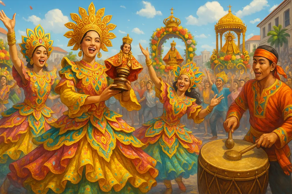 งานเทศกาลซินูล็อกที่เมืองเซบู ประเทศฟิลิปปินส์ แสดงขบวนพาเหรดที่มีนักเต้นหญิงในชุดพื้นเมืองสีสันสดใสกำลังร่ายรำแบบซินูล็อก