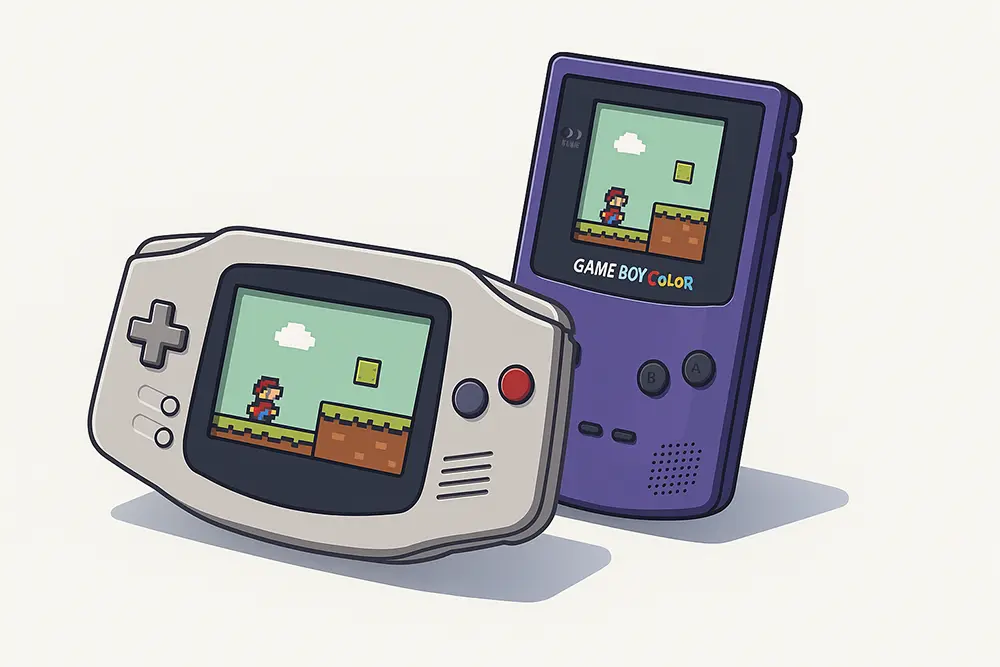 เครื่องเล่นเกมพกพา Nintendo สองรุ่น ได้แก่ Game Boy Advance วางอยู่ด้านหน้าแนวนอน และ Game Boy Color ตั้งอยู่ด้านหลังเอียงเล็กน้อย
