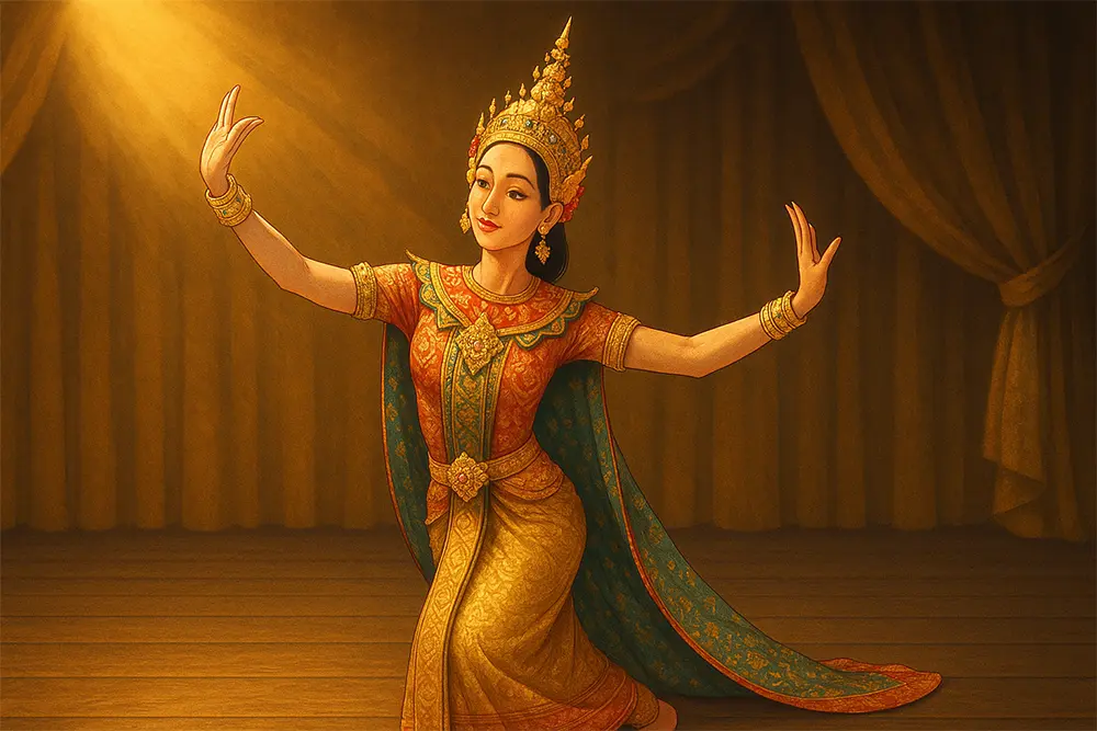 นางรำไทยในท่ารำอ่อนช้อย สวมชุดไทยประดับปักลายละเอียดสีทองและแดง พร้อมสไบสีเขียวปักทอง สวมชฎาทองบนศีรษะ ยืนบนเวทีใต้แสงสีทองอุ่น แขนและนิ้วโค้งงดงาม สื่อถึงศิลปวัฒนธรรมไทยอย่างวิจิตร