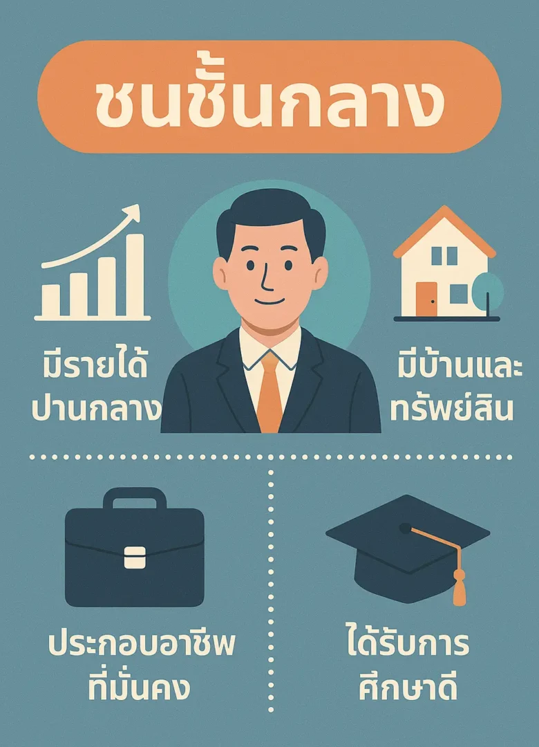 อินโฟกราฟิกแสดงข้อมูลเกี่ยวกับชนชั้นกลาง ประกอบด้วยภาพชายใส่สูทอยู่ตรงกลาง ล้อมรอบด้วยไอคอนแทนรายได้ปานกลาง บ้านและทรัพย์สิน อาชีพมั่นคง และการศึกษา