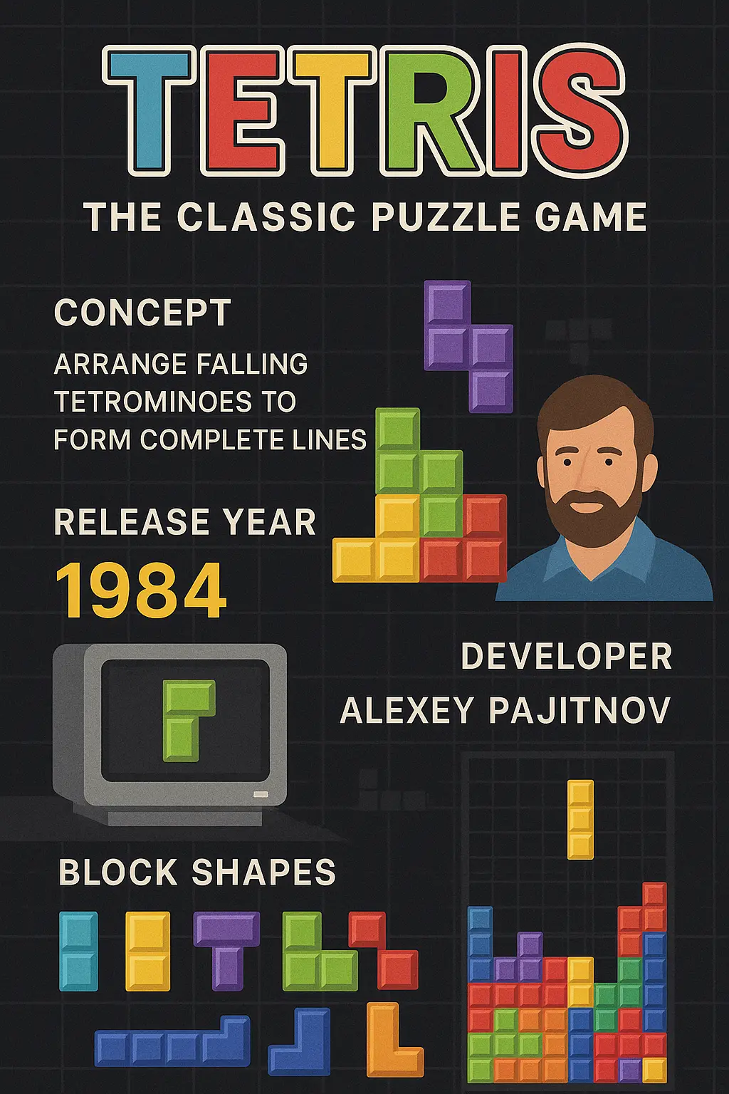 อินโฟกราฟิกเกม Tetris ภาษาอังกฤษ แสดงคอนเซปต์เกม การเปิดตัวในปี 1984 ผู้พัฒนา Alexey Pajitnov และรูปแบบบล็อก Tetrimino หลากสีบนพื้นหลังตาราง