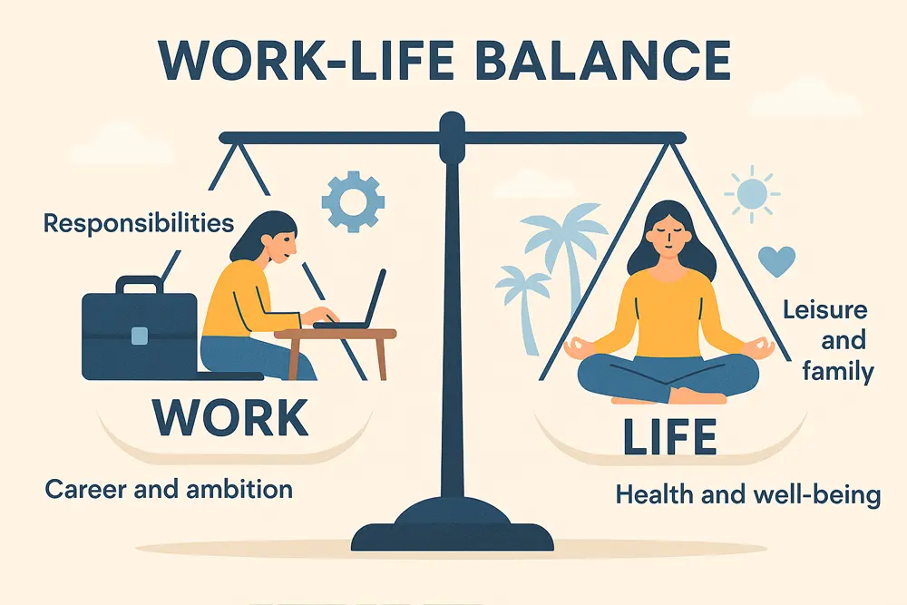 อินโฟกราฟิกหัวข้อ Work-Life Balance แสดงภาพด้านซ้ายเป็นผู้หญิงนั่งทำงานที่โต๊ะพร้อมโน้ตบุ๊กและกระเป๋าเอกสาร สื่อถึงงาน ความรับผิดชอบ และความทะเยอทะยานในอาชีพ ด้านขวาเป็นผู้หญิงนั่งสมาธิในท่าผ่อนคลาย มีสัญลักษณ์พระอาทิตย์ หัวใจ และต้นปาล์ม สื่อถึงครอบครัว การพักผ่อน และสุขภาพที่ดี ทั้งสองด้านถูกถ่วงสมดุลด้วยคานตาชั่ง