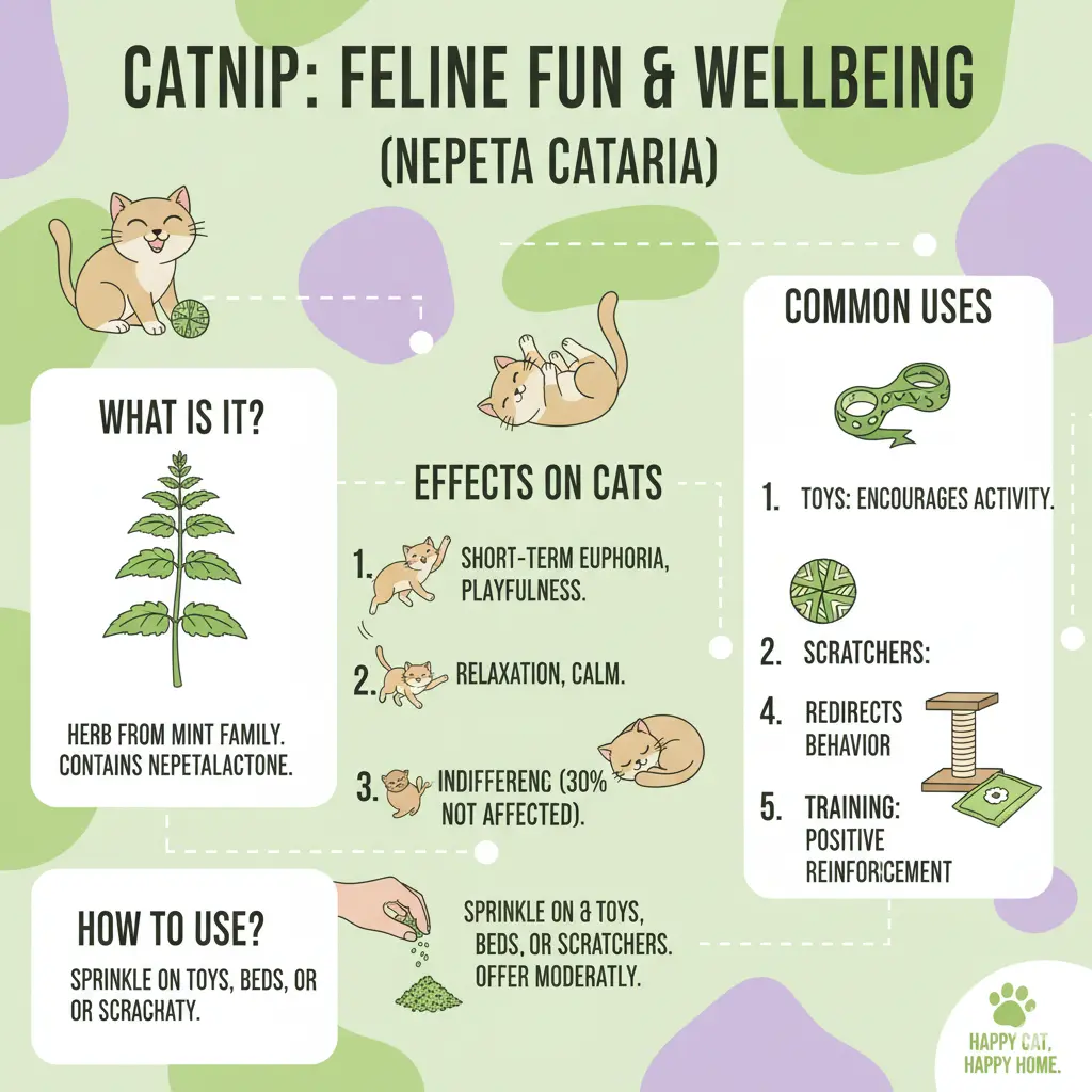 Infographic ที่ให้ข้อมูลเกี่ยวกับกัญชาแมว (แคทนิป) แสดงถึงลักษณะ, ผลกระทบต่อแมว, วิธีใช้ และประโยชน์ทั่วไป