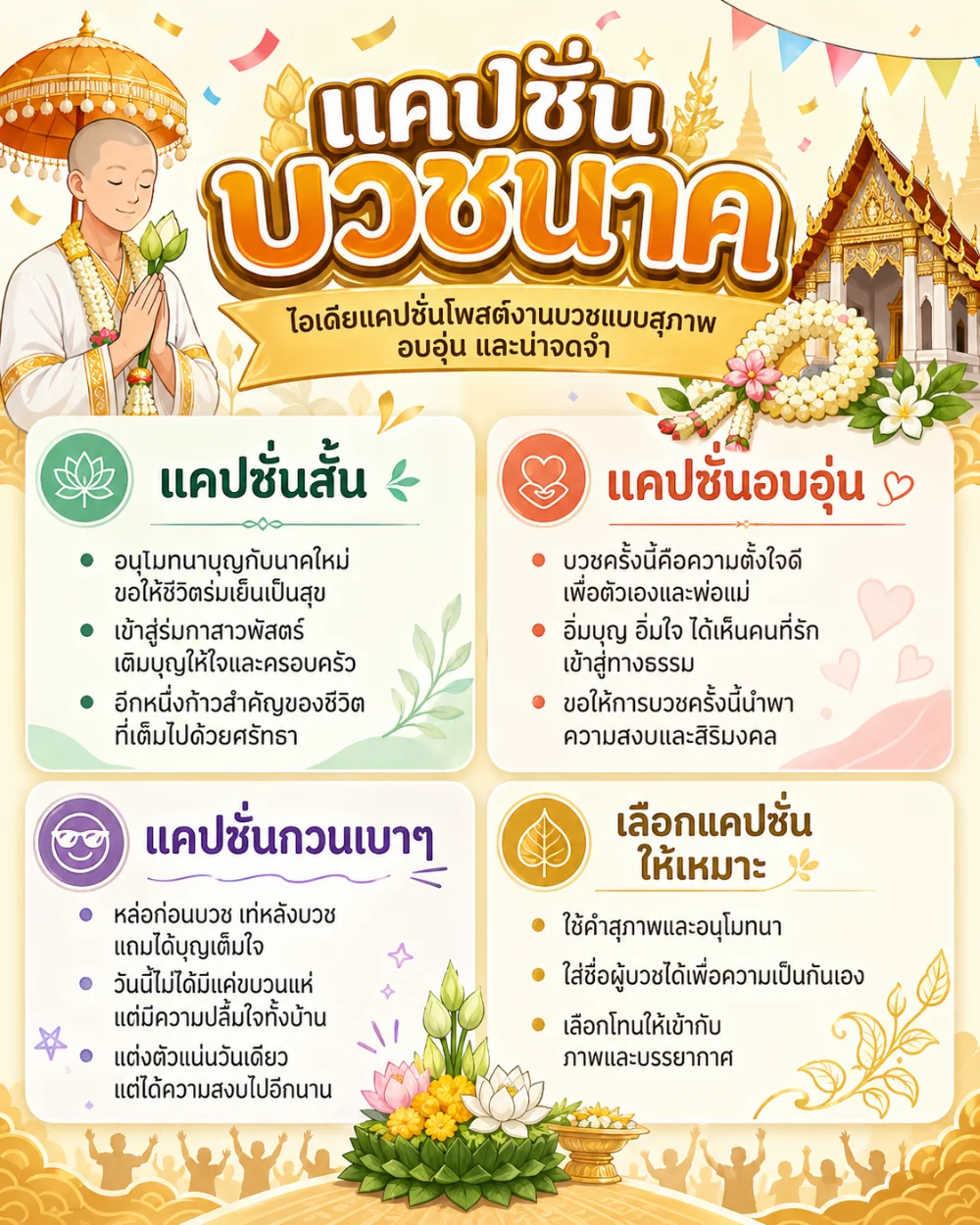 แคปชั่นบวชนาคสั้น กระชับ โพสต์ได้เลย