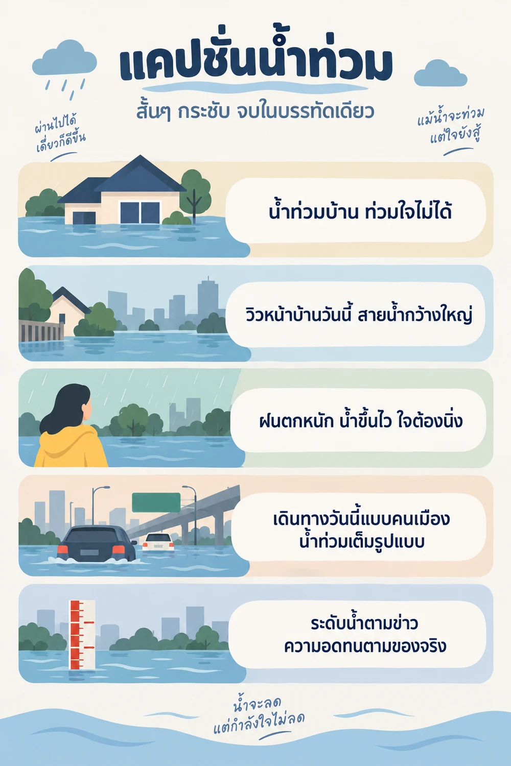 แคปชั่นน้ำท่วมสั้นๆ กระชับจบในบรรทัดเดียว