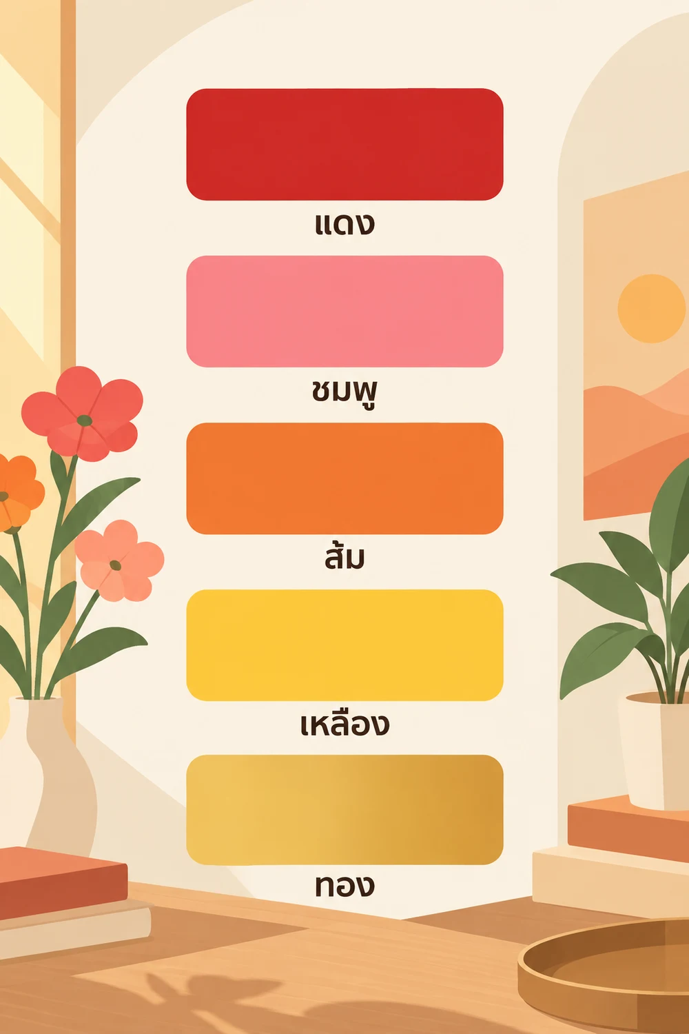 สีโทนอุ่น: แดง ชมพู ส้ม เหลือง และทอง