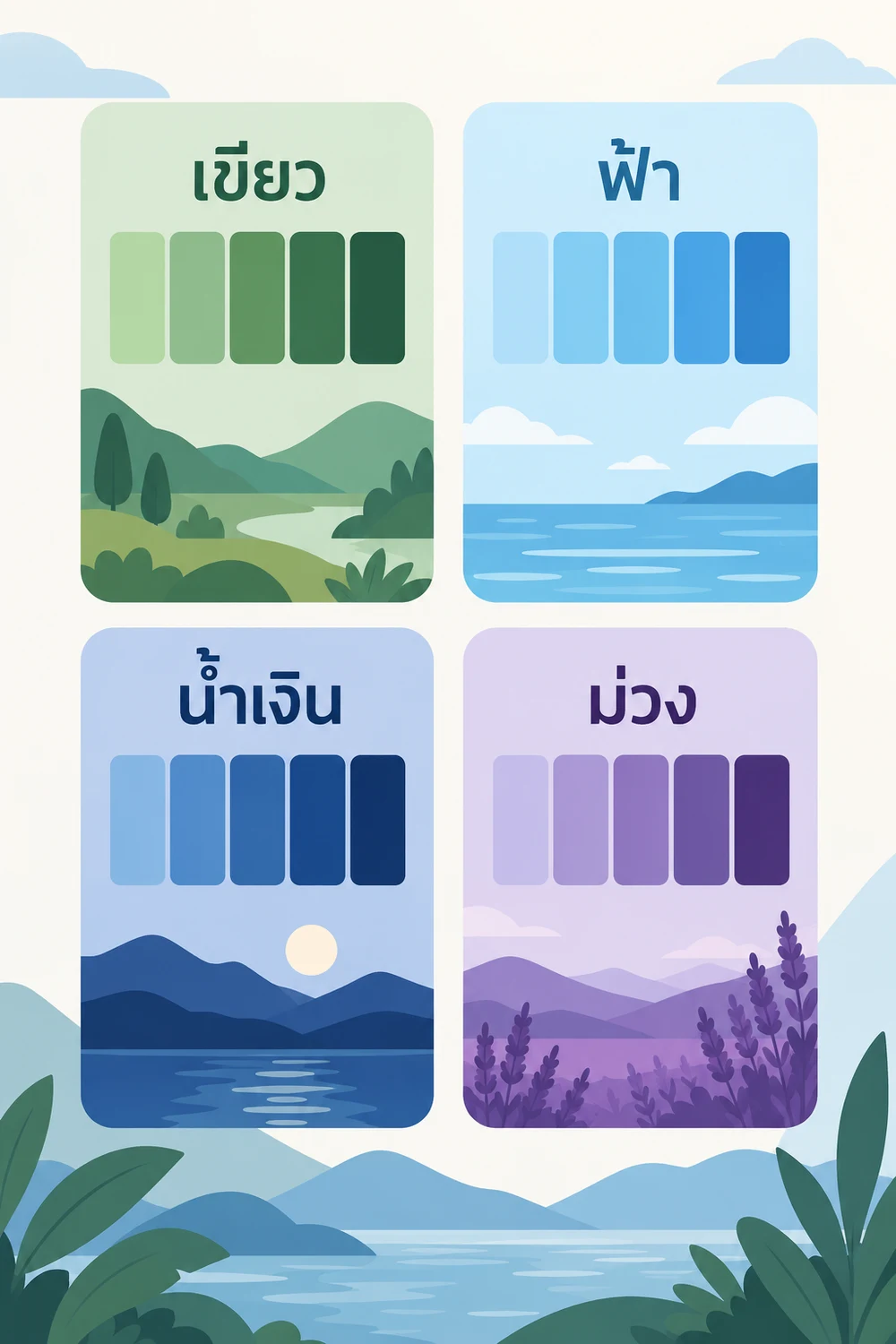 สีโทนเย็น: เขียว ฟ้า น้ำเงิน และม่วง