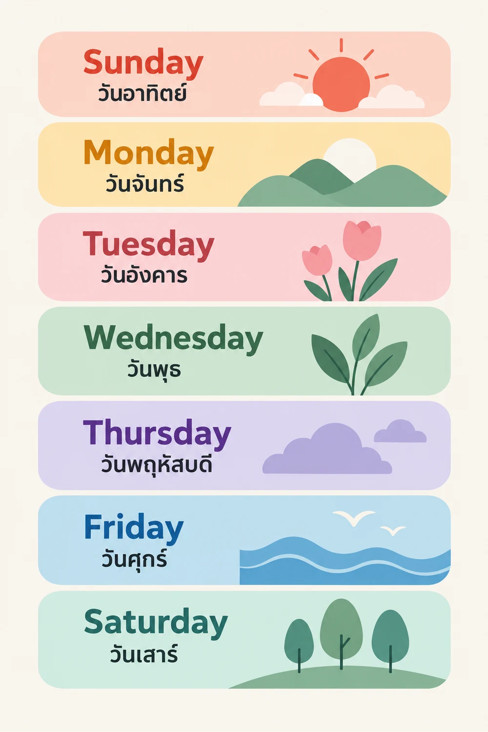 ชื่อวันทั้ง 7 วันและคำแปลภาษาไทย