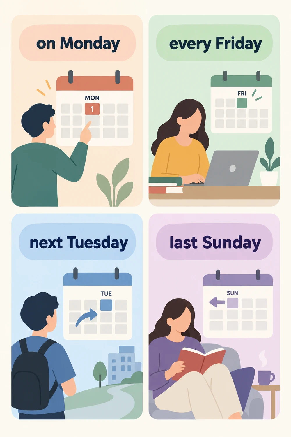 ใช้ชื่อวันในประโยคด้วย on, every, next และ last