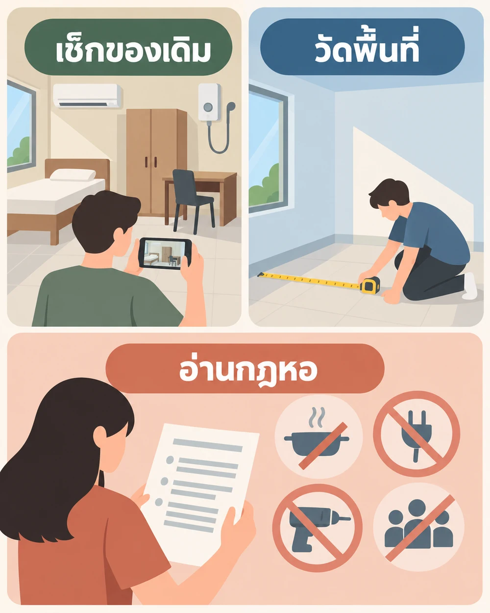 เริ่มจากสำรวจห้องและกฎหอพัก