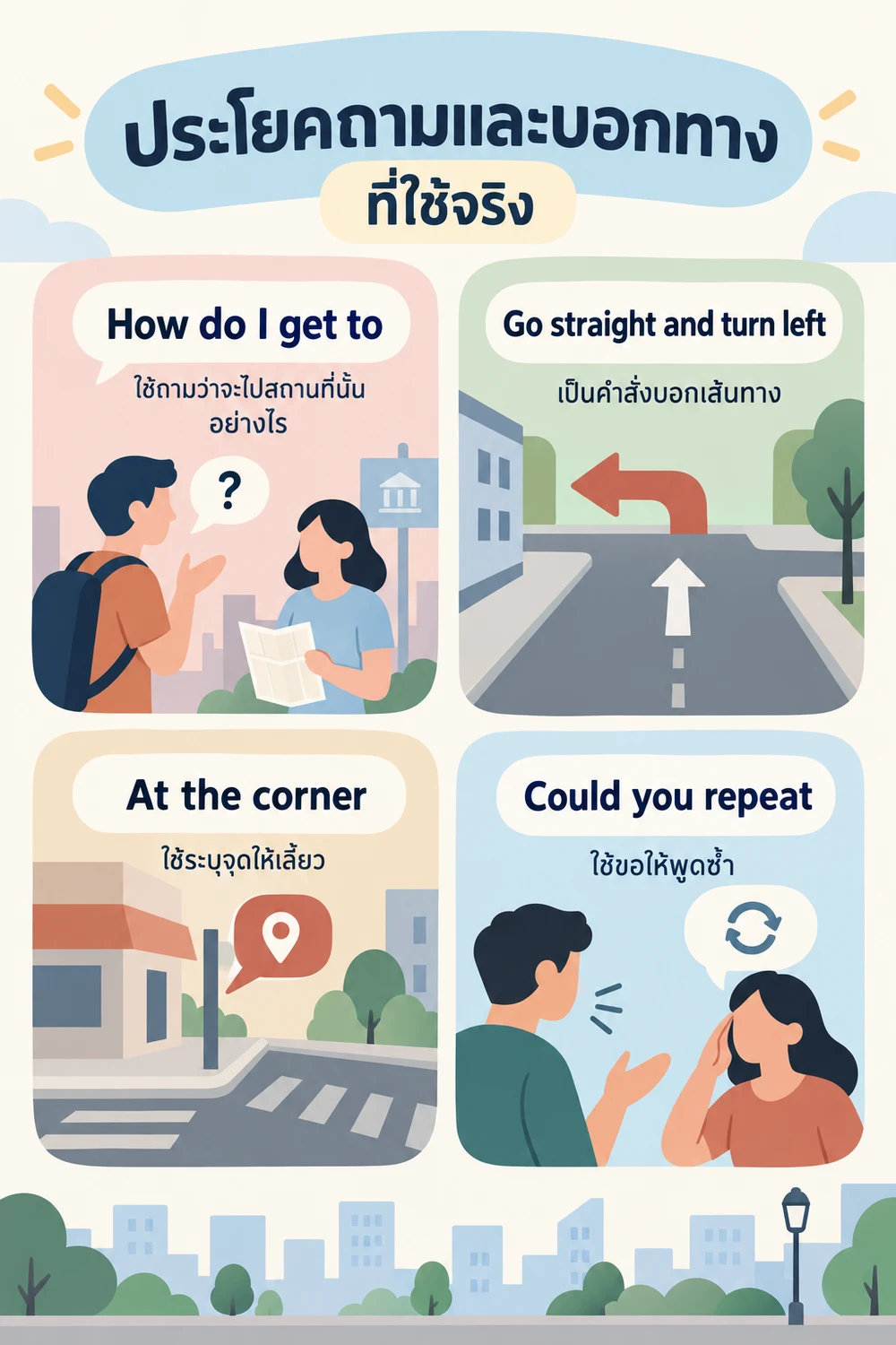 ประโยคถามและบอกทางที่ใช้จริง