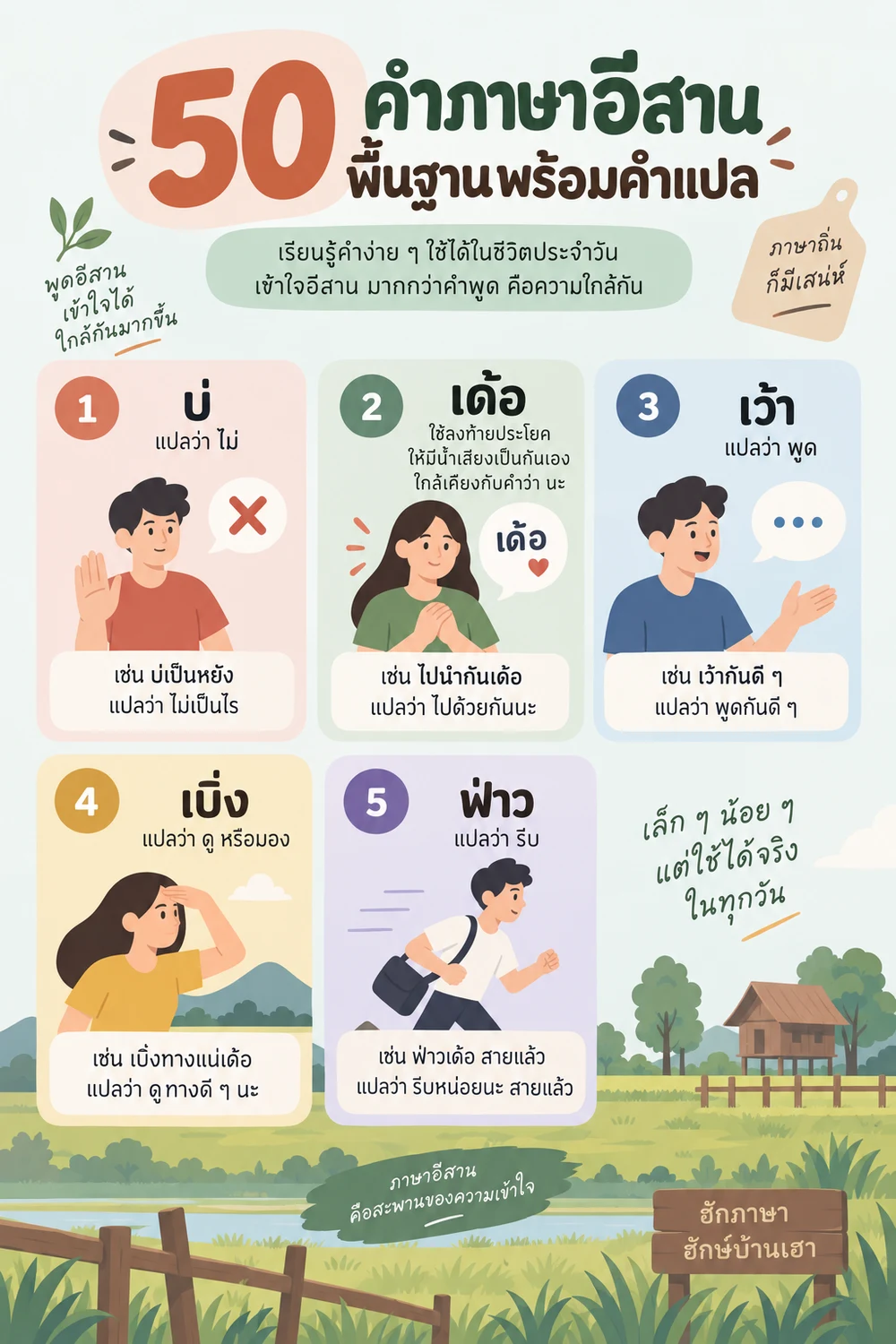 50 คำภาษาอีสานพื้นฐานพร้อมคำแปล