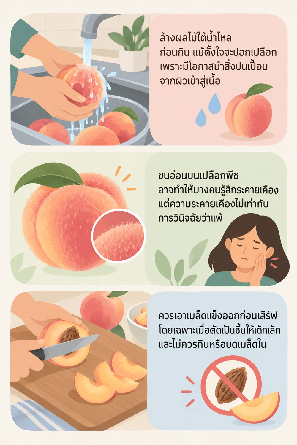 ล้างและเตรียมลูกพีชอย่างปลอดภัย