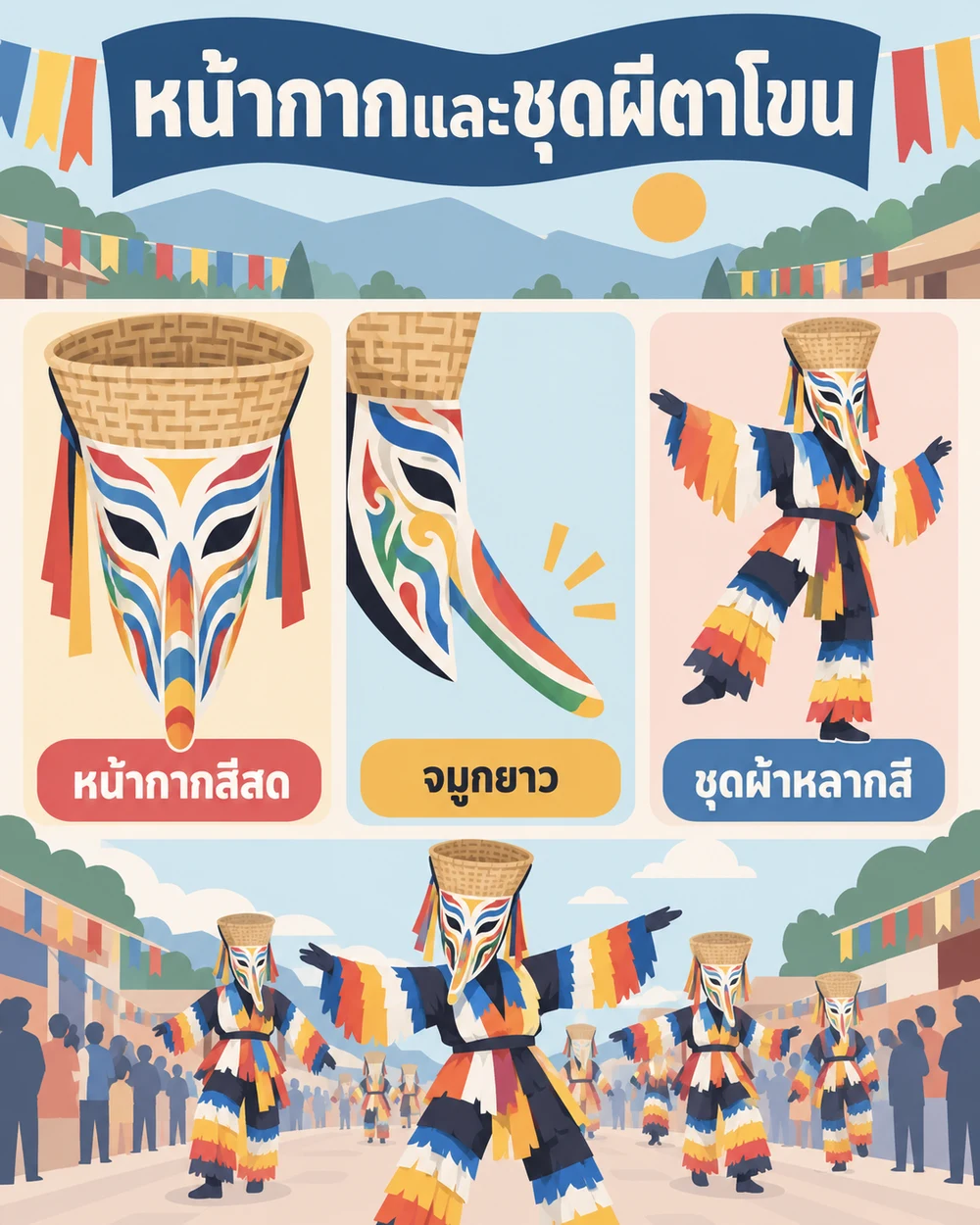 หน้ากากและเครื่องแต่งกายมีลักษณะอย่างไร