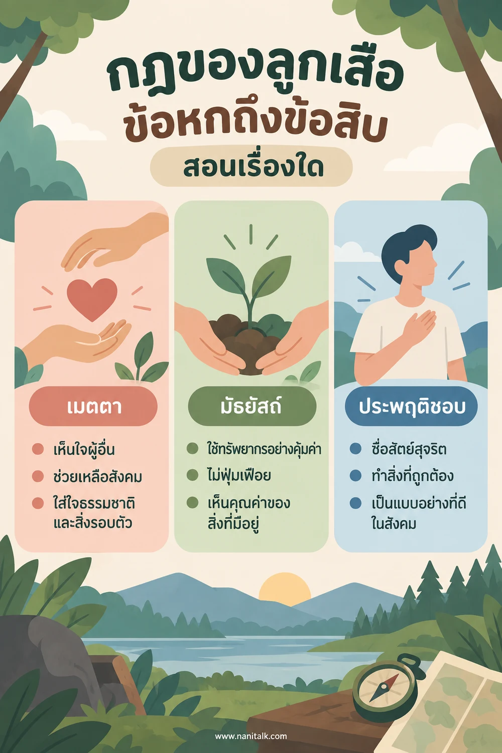 กฎของลูกเสือข้อหกถึงข้อสิบสอนเรื่องใด