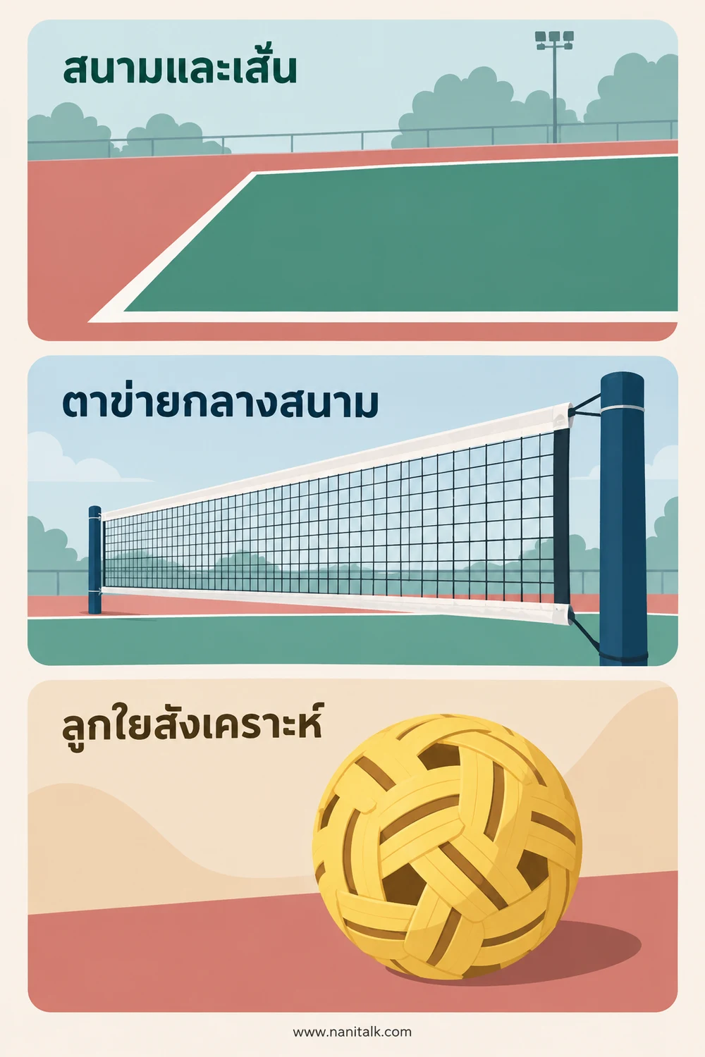 สนาม ตาข่าย และลูกตะกร้อตามกติกาเป็นอย่างไร