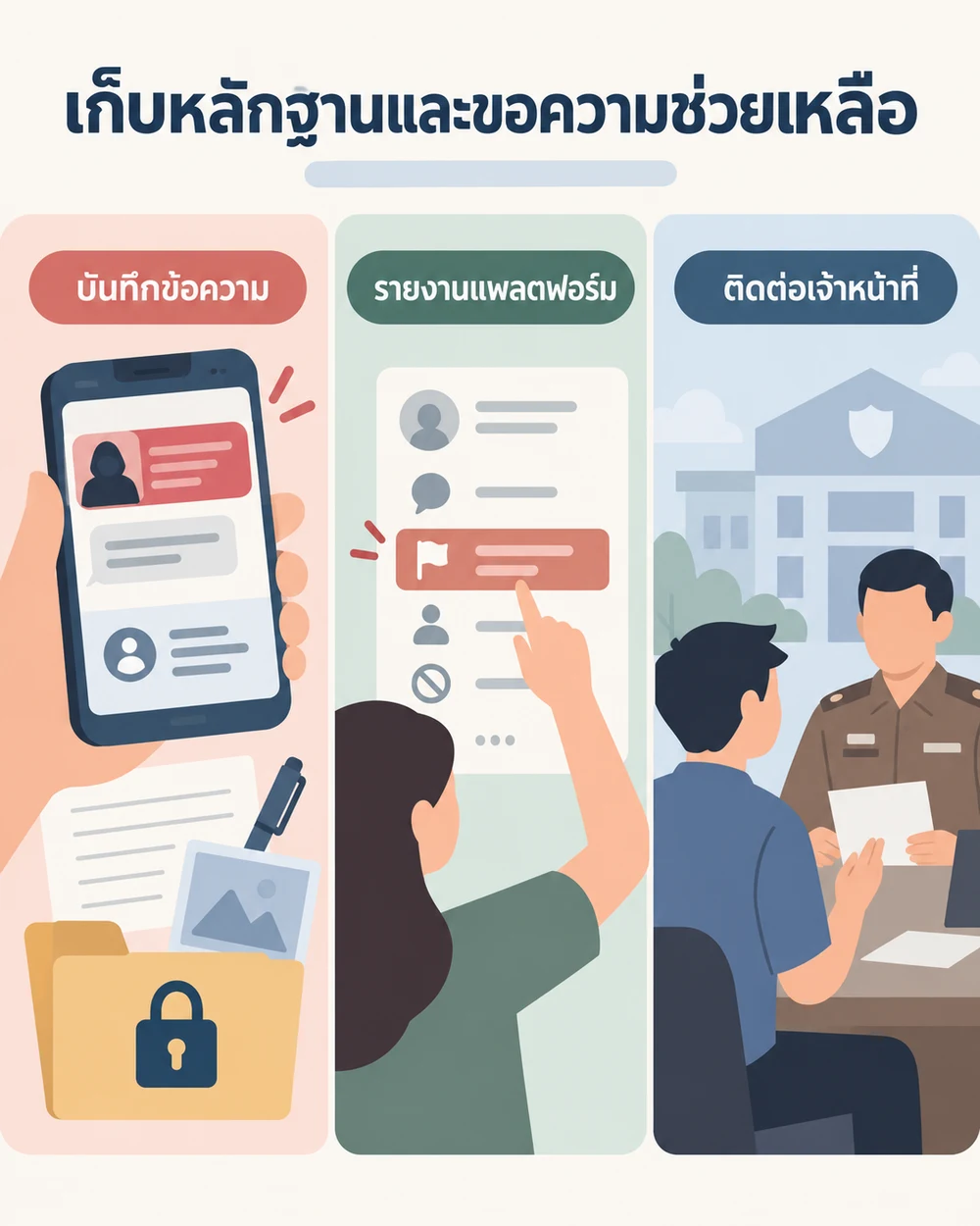 เก็บหลักฐานและขอความช่วยเหลืออย่างไร