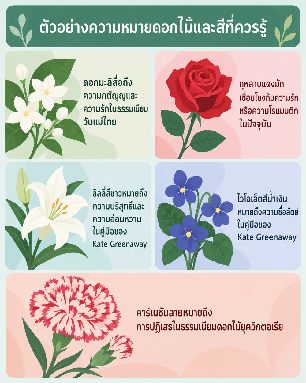 ตัวอย่างความหมายดอกไม้และสีที่ควรรู้