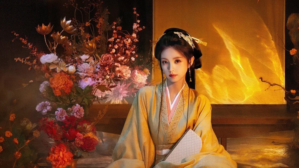 หญิงสาวในชุดย้อนยุคสีทองนั่งอยู่ข้างแจกันดอกไม้ใหญ่และฉากกั้นสีทองในห้อง